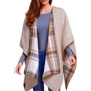 Woolrich Plaid Reversible Blanket Wrap Poncho One Size Shawl Brown Cream Tan